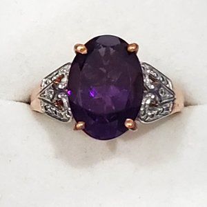 Lusaka Amethyst & White Zircon ring in 14k Rose Gold over 925 SS size 8 6.75ct